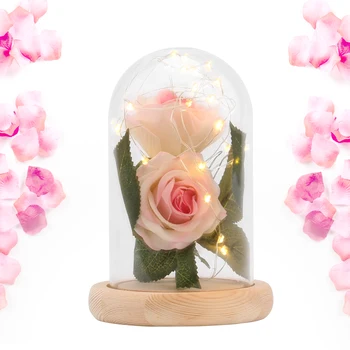 Grožio Ir Žvėrys, Raudona Rožė stikliniu Kupolu Ant Medinio Pagrindo Valentino Dovanos LED Rose Lempos Kalėdas Su 2vnt Rose