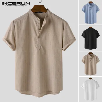 INCERUN 2021 Dryžuotas Marškinėliai Vyrams Kvėpuojantis trumpomis Rankovėmis Vasarą Stovėti Apykaklės Harajuku Atsitiktinis Palaidinė Camisa Masculina Streetwear