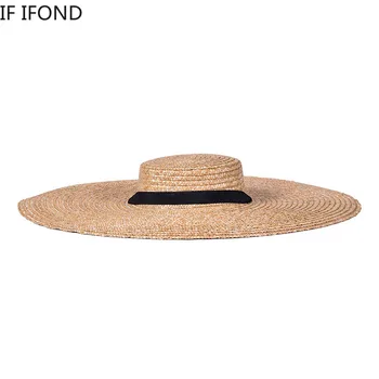 Natūralių Šiaudų Negabaritinių Ilgu Kaspinu Ponios Paplūdimys Skrybėlės Mados Didelis Kraštų Vasaros Saulės Skydelis Kepurės