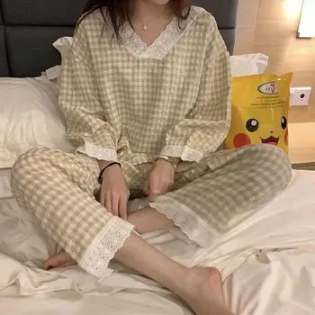 Pajama Rinkiniai, Pledas V-Kaklo Sleepwear Nėrinių Kratinys Saldus Prarasti Kvėpuojantis Korėjos Ulzzang Kawaii Moterų Namuose Dėvėti Laisvalaikio Prašmatnus Naujas