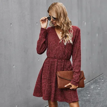 Tarpvalstybinės Moterų EBay Karšto Pardavimo 2020 M. Rudens ir Žiemos V-Neck Sweater Dress Kietos Kelio Ilgis