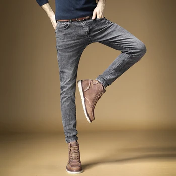 Verslo Vyrų Džinsai Ruožas Tiesios Kelnės Slim Fit Streetwear Rudens, Žiemos, Tamsiai Mėlyna Džinsinio Audinio Kelnės