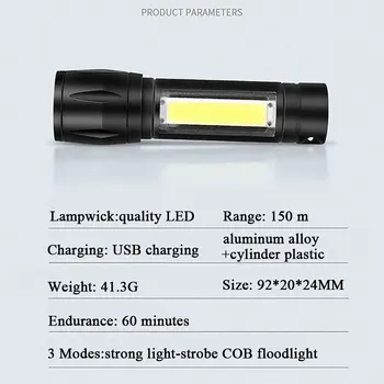 ZHIYU Mini Įkraunamas LED Žibintuvėlis Nešiojamų Kempingas COB Darbinis Apšvietimas 3 Režimai Zoom Lempa USB Vandeniui Taktinis Flash Šviesos