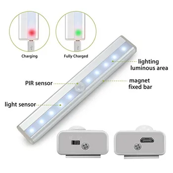 10 LED Judesio Jutiklis Šviesos USB Įkrovimo Jutiklis Nakties Šviesos Spinta, Šviesos, Spintelė, drabužių Spinta, Virtuvės Laiptų Magnetinio Stick-on