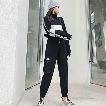 2020 m. Rudenį Aukšto Juosmens Streetwear Krovinių Kelnės Moteriška Harajuku Prarasti Poilsiu Moterys 2 dalių Kostiumą haremas camo kelnės
