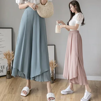 2020 Metų Vasaros Korėjos Elegantiškas Plisuotos Pločio Kojų Šifono Kelnės Moterims Culottes Kelnės Aukštu Juosmeniu Atsitiktinis Kelnės Moterims Didelio Dydžio