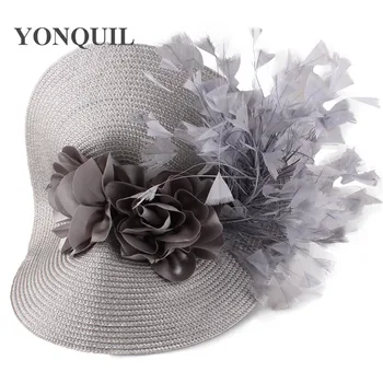 Dirbtinė šiaudų didelis derbis fascinator skrybėlę gražus gėlių vinjetė ekrano užsklandą su išgalvotas plunksnų lenktynes, plaukų aksesuarai, plaukų įrašą