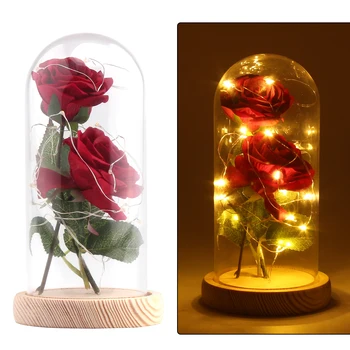 Grožio Ir Žvėrys, Raudona Rožė stikliniu Kupolu Ant Medinio Pagrindo Valentino Dovanos LED Rose Lempos Kalėdas Su 2vnt Rose