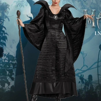 Moterų Plius Dydis Helovinas Filmą Deluxe Juoda Ilga Suknelė Blogio Karalienė Ragana Dress Cosplay Kostiumas Šalis su Ragų Kepurę Vinjetė
