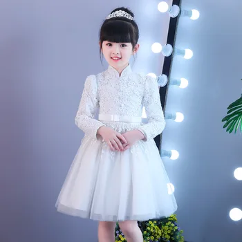 Puošnus, baltos spalvos Nėrinių Vaikų Kinų Stiliaus Žiemą Gėlių Mergaitė Princesė Šventė Suknelė vaikams, Elegantiškas Atostogų Šalis Suknelė Frocks