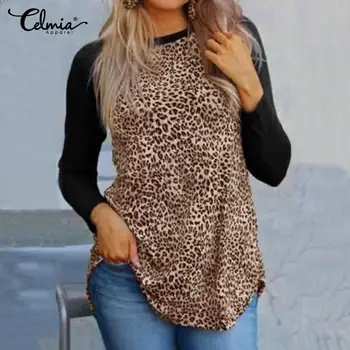Vintage marškinėliai Moterims Seksualus Leopardas Spausdinti Kratinys Viršūnes Celmia 2021 M. Rudenį ilgomis Rankovėmis Marškinėliai Atsitiktinis Slim Pagrindinio Trišakiai Plius Dydis