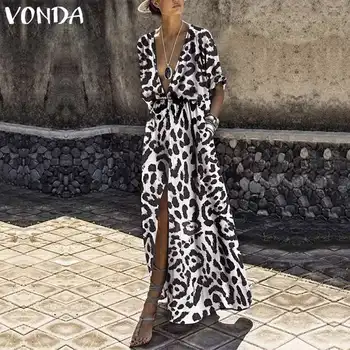VONDA Moterų Leopard Print Suknelė 2021 M. Rudenį Sexy V Kaklo Pusė Rankovių Aukštos Juosmens Šalis Padalinta Ilgos Suknelės Atsitiktinis Vestido Plius Dydis