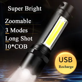 ZHIYU Mini Įkraunamas LED Žibintuvėlis Nešiojamų Kempingas COB Darbinis Apšvietimas 3 Režimai Zoom Lempa USB Vandeniui Taktinis Flash Šviesos