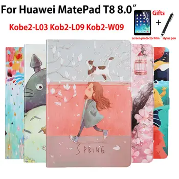 Atveju, Huawei MatePad T8 8.0 Padengti KOB2-W09 KOB2-L09 Kobe2-L03 Coque Funda Tablet Mados Dažytos Stovėti Odos Apvalkalas +Dovana