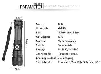 Galingiausias XHP70.2 LED Žibintuvėlis XHP50 Įkraunamas USB Zoomable Fakelas XHP70 18650 26650 Medžioklės Žibintas Camping