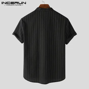 INCERUN 2021 Dryžuotas Marškinėliai Vyrams Kvėpuojantis trumpomis Rankovėmis Vasarą Stovėti Apykaklės Harajuku Atsitiktinis Palaidinė Camisa Masculina Streetwear