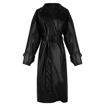 Lautaro Ilgai negabaritinių odos tranšėjos paltai moterims ilgomis rankovėmis atvartas, palaidi tinka Rudenį juoda moterų plius dydis drabužių streetwear