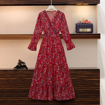 Moterų Atsitiktinis Rudens Dress Lady korėjos Stilius Derliaus Gėlių Atspausdintas Šifono Suknelė Moterų V-kaklo, ilgomis Rankovėmis Aukštos Juosmens Suknelė