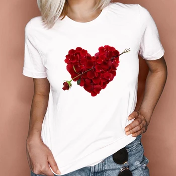 Moterų Grafinis 2021 Gėlių Elegantiškas Mados Saldus Meilė Valentino Lady Drabužius Viršūnes Tees Spausdinti Moterų Marškinėlius (T-Shirt