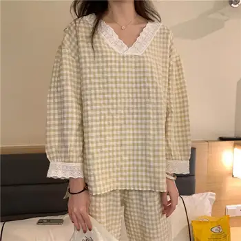 Pajama Rinkiniai, Pledas V-Kaklo Sleepwear Nėrinių Kratinys Saldus Prarasti Kvėpuojantis Korėjos Ulzzang Kawaii Moterų Namuose Dėvėti Laisvalaikio Prašmatnus Naujas