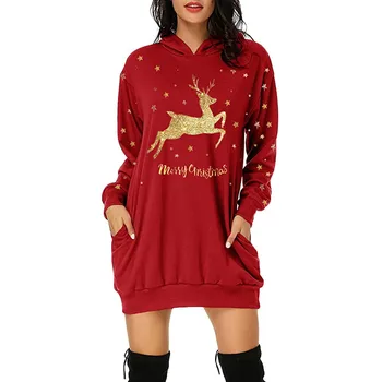 Rudenį, Žiemą moteriški Megztiniai su Gobtuvu Suknelė Mados Kalėdų Maišą Klubo Kišenėje Spausdinti Hoodie Suknelė Atsitiktinis Puloveriai Plius Dydis
