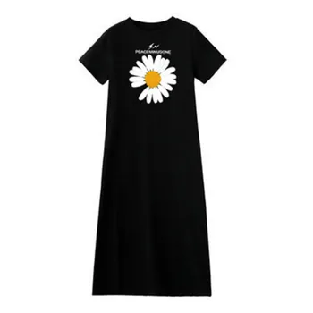 Vasaros Ramunės Suknelė Moterims korėjos Atsitiktinis Saulėgrąžų Mados Spausdinti Marškinėlius Suknelė 90s Gėlės Midi Black Suknelės Moteris Vestidos 2021